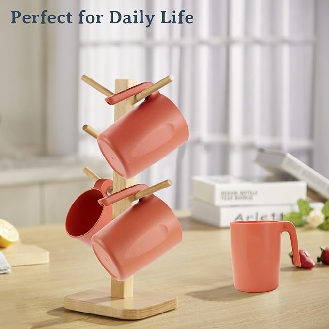 16oz Wheat Straw Cups with handles set of 6-Plastic Cups Reusable-Unbreakable Kids Mugs-Dishwasher Safe & Microwave Safe-Ideal Plastic Mugs for Tea,Coffee,Camping,RV-Orange