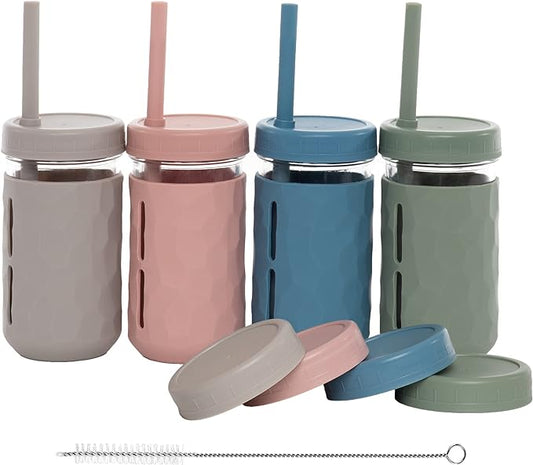 WeeSprout Glass Cups With Lids & Straws, Spill-Resistant Smoothie Cups for Toddlers & Kids, Baby Food Storage & Snack Jars, XL Silicone Straws, Easy-Grip Sleeves, 12 oz, Set of 4