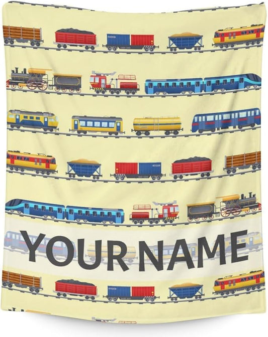 Personalized Train Blanket with Name - Soft, Fuzzy & Warm - 50"x60" Throw Size Blanket for Bed, Couch, Sofa - Yellow Cute Throw Gifts for Boys