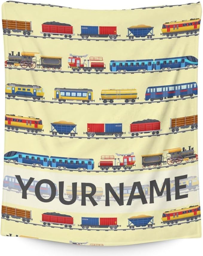 Personalized Train Blanket with Name - Soft, Fuzzy & Warm - 60"x80" Twin Size Blanket for Bed, Couch & Living Room - Yellow Cute Throw Gifts for Boys
