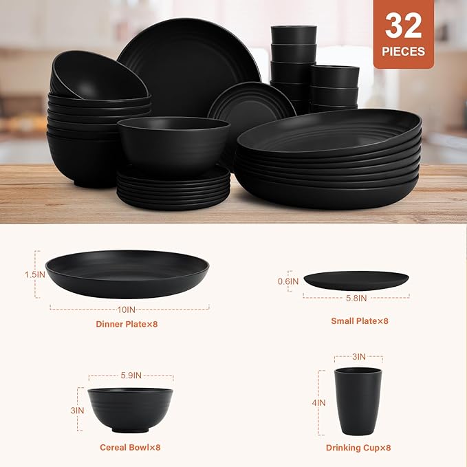 Wheat Straw Dinnerware Sets for 8,Plastic Plates and Bowls Sets 32-Piece, Unbreakable & Lightweight Dish Set, Camping Plates, Cereal Bowls, Cup Sets for Kitchen, Apartment Essentials - Black