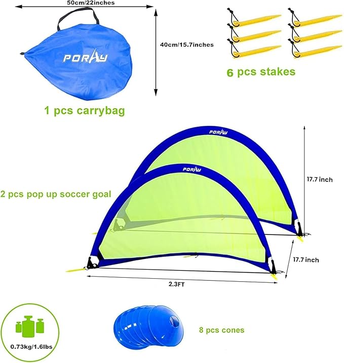 Poray Soccer Goal for Kid Easy-up Set of Two Portable Soccer Net 210D Oxford with 8 Field Marker Cones Extra Stakes Fun for Backyard and Soccer Training