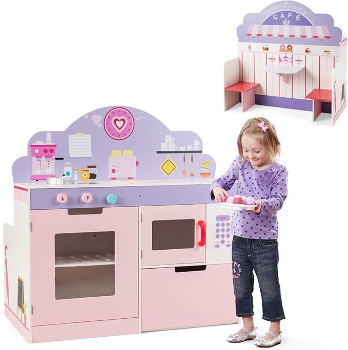 GLACER 2-in-1 Kids Kitchen Playset, Double-Sided Wooden Pretend Cooking Food Set w/Stove, Oven, Microwave, Storage Cabinet, Simulation Play Kitchen Set for Toddlers (Pink)