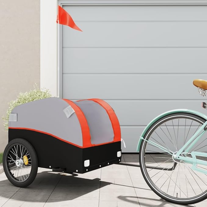 Bike Wagon Trailer, Bike Cart with Safety Flag, Bike Trailer Bicycle Cargo Trailer, Black and Orange 99.2 lb Iron, 49.6"x24.8"x24.8"