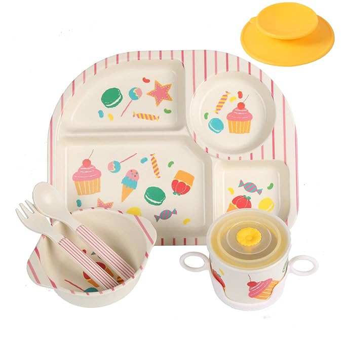 shopwithgreen 7Pcs/Set Bamboo Kids Dinnerware Set - Children Dishes - Food Plate Bowl Cup Spoon Fork Set Dishware, Cartoon Tableware, Dishwasher Safe Kids Healthy Mealtime, BPA Free