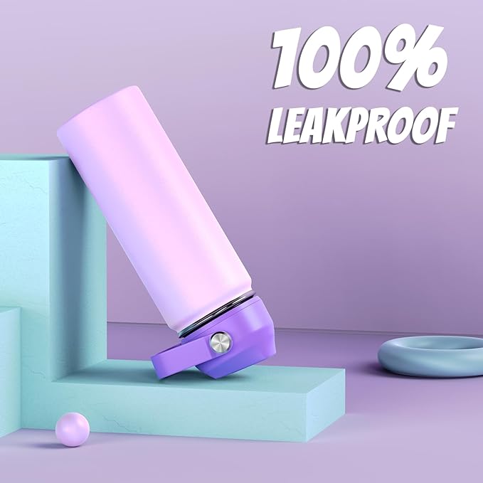 18oz Kids Insulated Water Bottle with Straw Lid - 18/8 Stainless Steel Kid Cup BPA-FREE Travel Tumbler Double Wall Vacuum Leak Proof Portable Toddler Water Bottle (Purple）