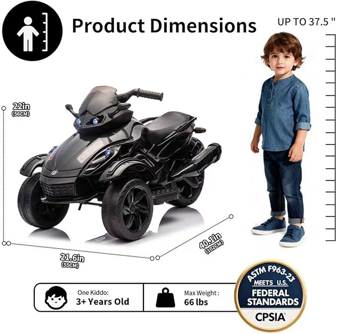 Xinyonxin 12V Kids Electric ATV, 3-Wheeler Motorcycle Ride on Toys for Toddlers w/Music, LED Lights, USB, One-Button Start, Forward/Reverse, Electric All-Terrain Car, Gift for Age 3+ (Black)