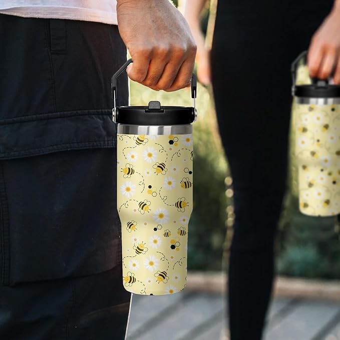 30 oz Bee tumbler With Handle Lid and Straw,Queen Bee Flip Straw Coffee Mug Cup Tumbler Water Bottles,Honey Bee themed Gifts for Women Daisy Flowers,Bee Decor