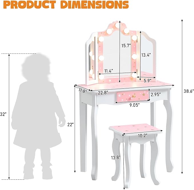 Kids Vanity Set, Princess Toddler Makeup Vanity with Mirror and 3-Color LED Lighted, Wooden Kids Vanity Table and Chair Set with Drawer for Little Girls