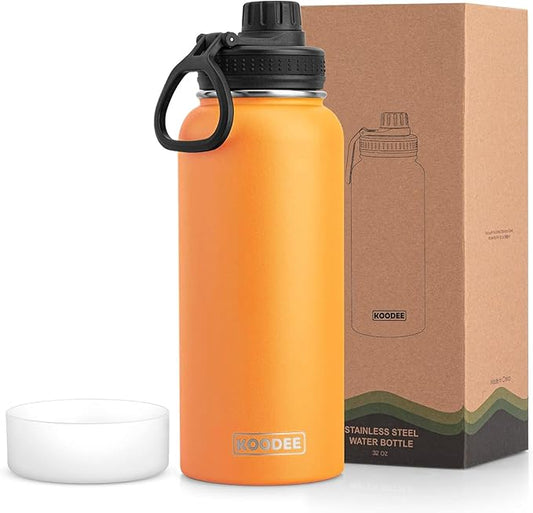 koodee Insulated Water Bottle, 32 oz Stainless Steel Double Wall Vacuum Wide Mouth Sport Bottle with Leakproof Spout Lid （Cosmic Orange）
