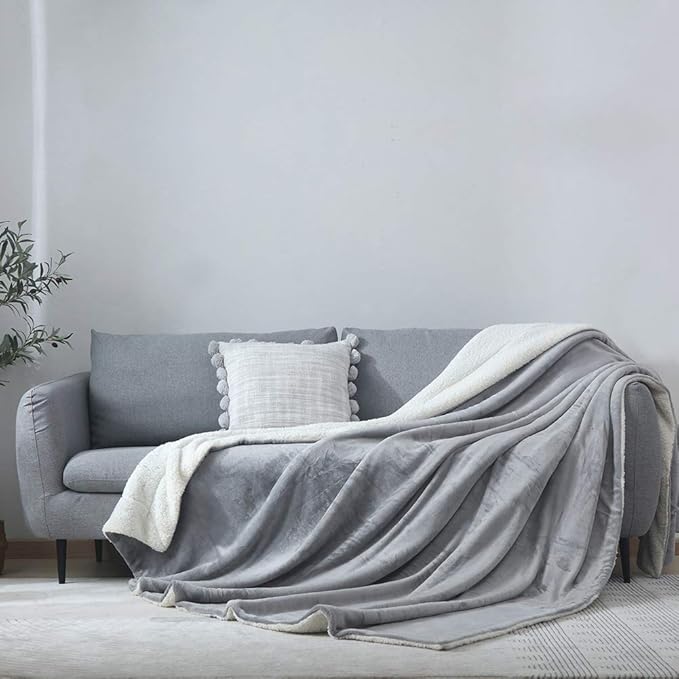 NANPIPER Flannel Blanket Reversible Sherpa Throw Blanket Super Soft Plush Warm Fleece Microfiber (90"x90",Light Gray) Queen