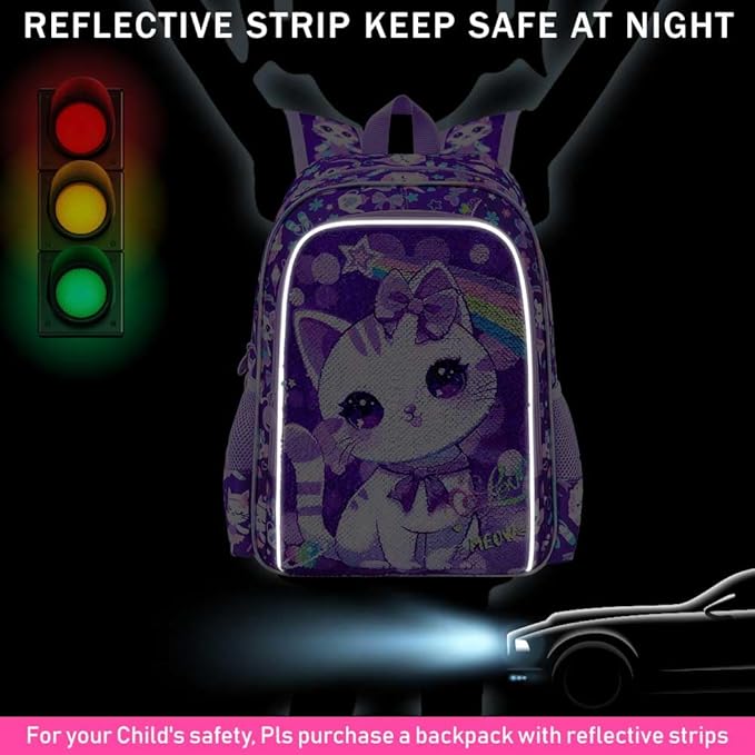 CCJPX 16" Cat Backpack for Girls, 3Pcs Kids Preschool Bookbag, Cute Water Sequin Resistant School Bag for Teen Kindergarten Toddler (Purple)