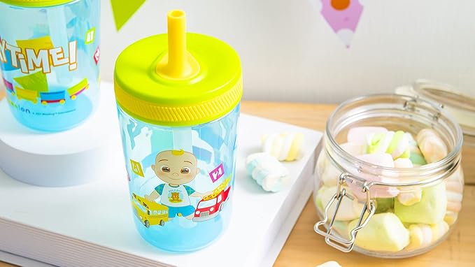 Zak Designs 15oz Cocomelon Kelso Tumbler Set, Leak-Proof Screw-On Lid with Straw Made of Durable Plastic and Silicone, Perfect Bundle for Kids