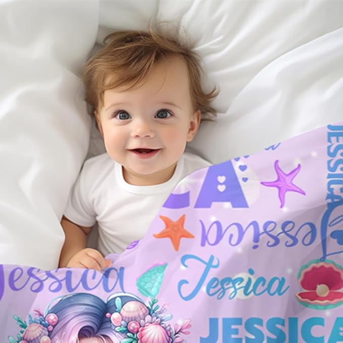 Custom Girl Blanket with Name Personalized Cute Mermaid Blanket for Newborn Customized Soft Flannel Throw Blanket Memorial Gift for Toddler on Birthday Baby Shower Christmas