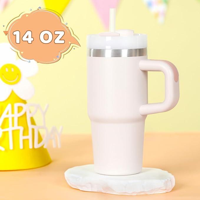 Cosictic 14 Oz Tumbler with Handle and Straw for Kids, Stainless Steel Double Wall Vacuum Insulated Cup for Children, 14 Oz Cups for Kids (Rose Quartz)