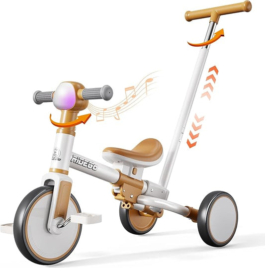 Ridego 5-in-1 Tricycle for Toddlers 2-5 Year Olds, Kids Balance Bike & Toddler Push Bike with Parent Handle, RGB Music Light, Tool-Free Assembly Birthday Gift for Boys Girls