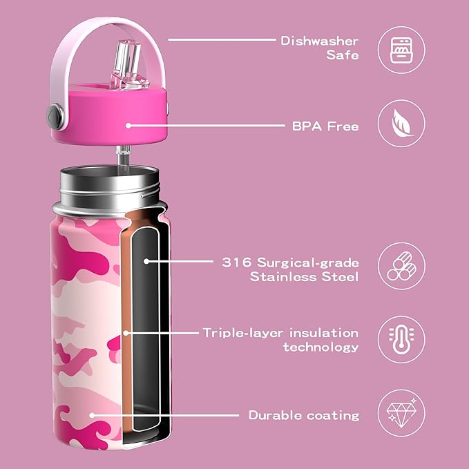 OISIZ Kids Water Bottle with Straw Lid 14oz, Vacuum Insulated 316 Stainless Steel Water Bottles for Kids for School, Leakproof Water Bottle, BPA Free and Keep Cold for 24 Hours