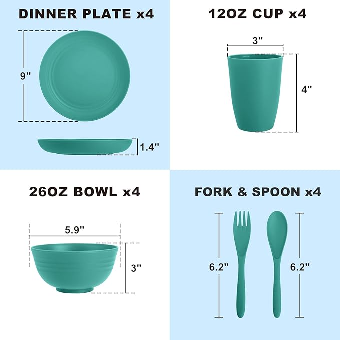 Wheat Straw Dinnerware Sets for 4, 20 PCS Unbreakable Lightweight Kids Plates and Bowls Sets, Dishwasher Microwave Safe Dinnerware Set, Perfect for Kitchen Dorm Camping Outdoor - Green