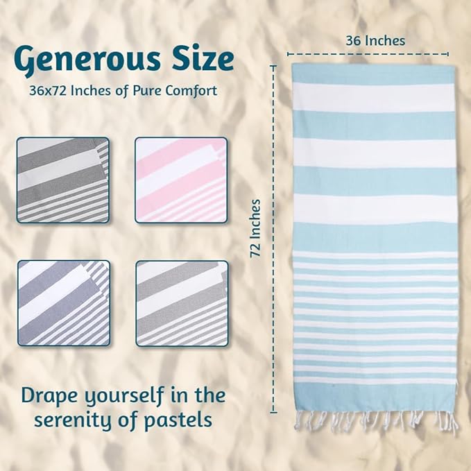 Urban Villa Set of 6 Turkish Beach Towel Oversized 36x72 Absorbent Extra Large | Sand Free Quick Dry Bath Towels | Swim Towel Lightweight Hammam Bath Sheet Camping Spa Towels | Aqua