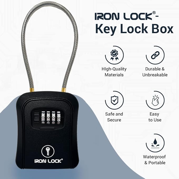 Iron Lock® Portable Key Lock Box and Wall Mount with Removable Cable Shackle Outdoor Waterproof 4 Digit Combination with Resettable Code with A B Switch Key Lockbox for Outside (Medium, Black)