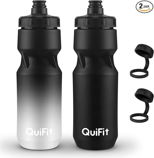 QuiFit Bicycle Water Bottle 24oz, 2-Pack, Lightweight Bike Bottle Leak-Proof, BPA Free, With Nozzle Cover, Fits Most Bike Cages, for Workout, Cycling, Gym, Camping(Black+Black White, 24oz)