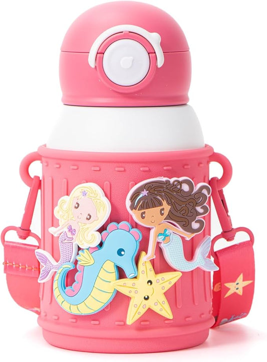 Kids Insulated Tumbler Set – 16 oz Stainless Steel Bottle with 2 Lids (Straw + Pour), Screw-On Cup, Adjustable Strap, Silicone Sleeve + 8 Charms – BPA-Free, Gift-Ready (Mermaid)