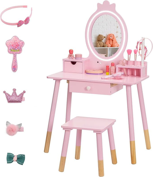 Kids Vanity Set with Lighted Mirror, Princess Make Up Dressing Table and Stool Set w/Jewelry Storage Rack & Make Up Brush Holder, Wooden Children Vanity Table Pretend Playset for Girls