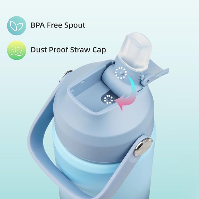 Insulated Water Bottle with Straw Lid,40 oz Stainless Steel Vacuum Metal Bottle with Silicone Handle, Sky