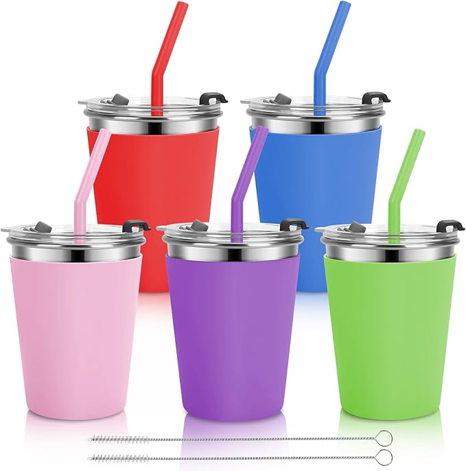 Stainless Steel Kids Cups with Lids and Straws Leakproof, 5 Pack 12oz Spill Proof Cup for Kids Unbreakable Sippy Cup with Straws for School, Outdoor