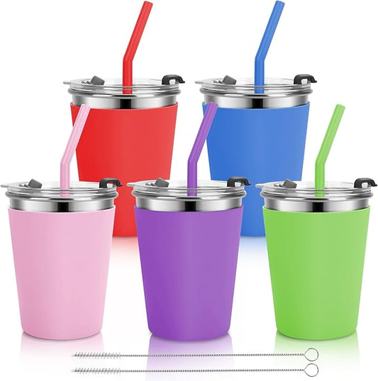 Stainless Steel Kids Cups with Lids and Straws Leakproof, 5 Pack 12oz Spill Proof Cup for Kids Unbreakable Sippy Cup with Straws for School, Outdoor