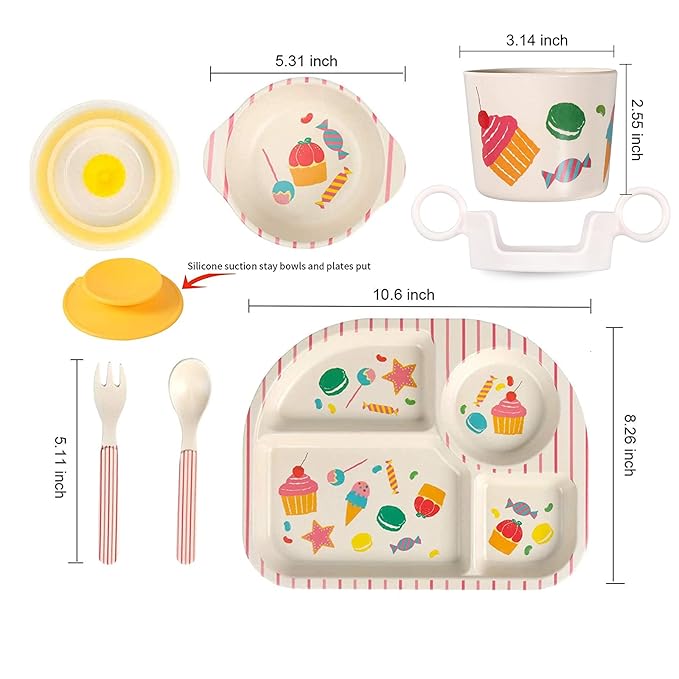 shopwithgreen 7Pcs/Set Bamboo Kids Dinnerware Set - Children Dishes - Food Plate Bowl Cup Spoon Fork Set Dishware, Cartoon Tableware, Dishwasher Safe Kids Healthy Mealtime, BPA Free