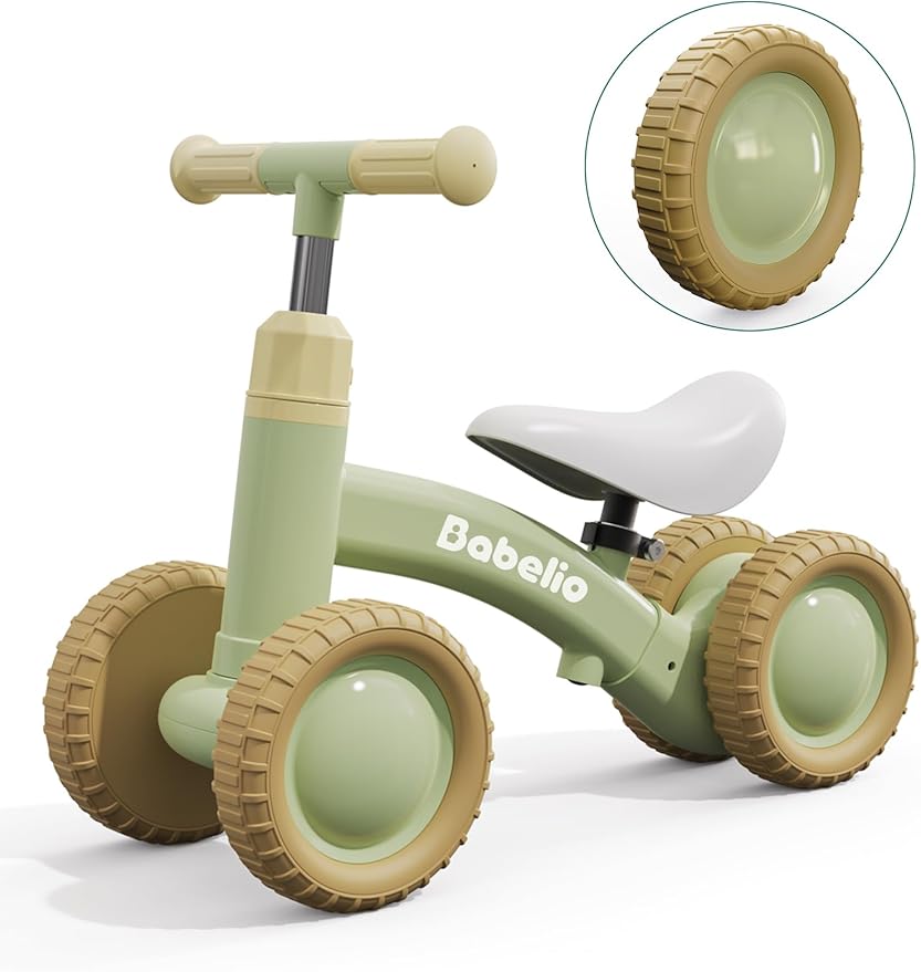 BABELIO Updated Baby Balance Bike for 1 Year Old Boys Girls, 10-36 Month Toddler Balance Bike, 4-Wheel Off-Roader Design, Adjustable Seat & Handlebar - Green