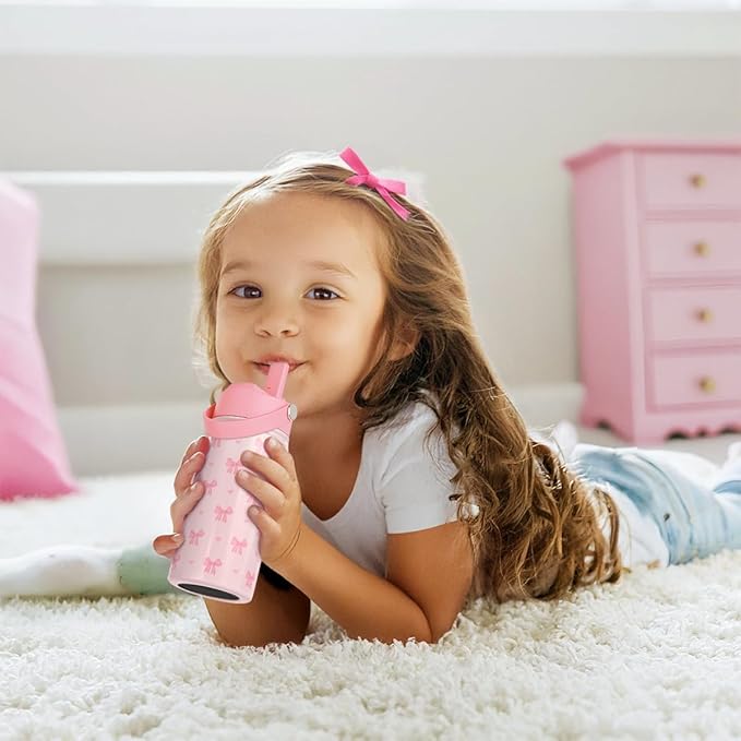 Bow Kids Water Bottle With Straw Lid 12oz Insulated Stainless Steel, Travel Tumbler, Pink Bow Gifts For Girls, Birthday, Christmas, Back To School