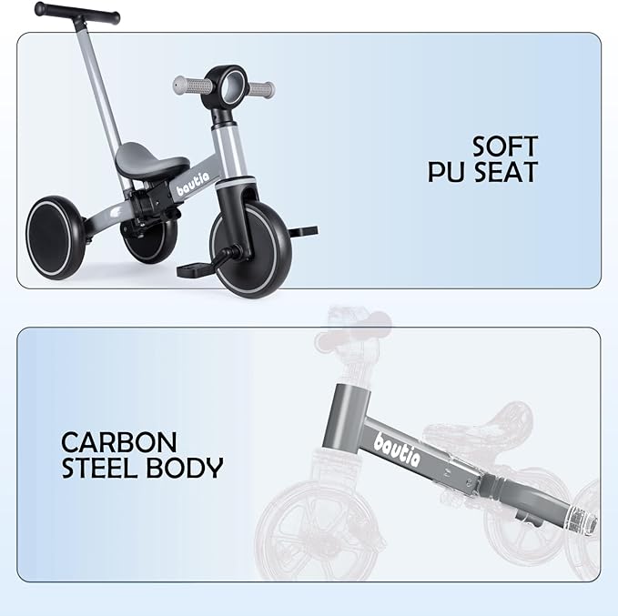 5 in 1 Kids Tricycle for Toddlers 1-3 Baby Balance Bike Toy for 1-4 Years Old Boys Girls Gift with Push Handle & Removable Pedals, Gray (No Parent Steering Version)