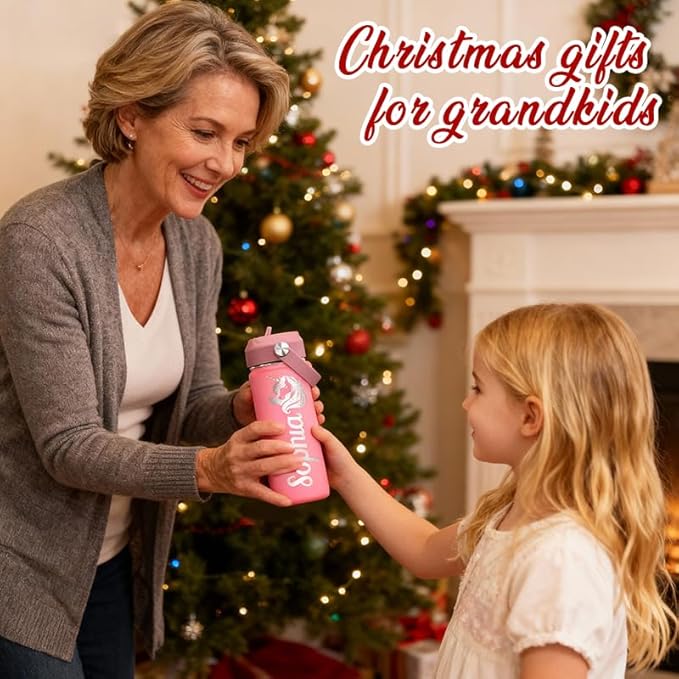 Personalized Kids Water Bottle with Name for School - Custom 18oz Water Bottle with Straw Lid Stainless Steel w/Engraved Names - Personalized Christmas Kids Gifts for Boys Girls kids (Engraved)