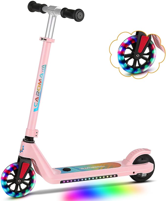 Caroma Electric Scooter for Kids Ages 6-14, 150W/180W Motor,10 MPH Max Speed & 7 Miles,Adjustable Height & Speed,Colorful Lights,LED Display,Foldable Kids Electric Scooter 132 Lbs Max Load