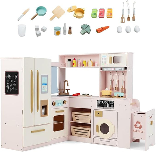 Costzon Corner Kitchen Playset, Kitchen Toy Set w/Real Lights & Sounds, Large Fridge, Ice Maker, Oven, Microwave, Washer, Trash Can & 22 Accessories, Wooden Pretend Play Kitchen for Kids 3+ (Pink)