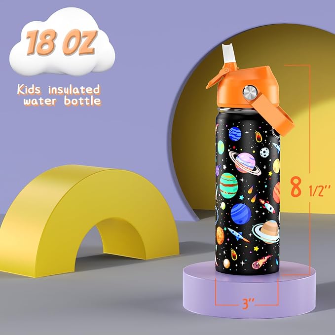 18oz Kids Insulated Water Bottle with Straw Lid - 18/8 Stainless Steel Kid Cup BPA-FREE Travel Tumbler Double Wall Vacuum Leak Proof Portable Toddler Water Bottle (Space)