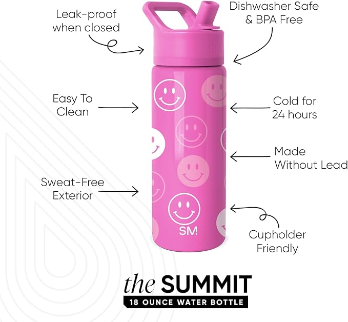 Simple Modern Kids Summit Water Bottle with Straw Lid | 18oz Stainless Steel Cup Insulated Tumbler for Toddlers, School | Pink Happy Faces