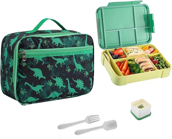 Bento Box for Kids Lunch Box Set with Reusable Kids Pouches Lunch bag Cute Toddler boys Lunch Cooler Organizer Lunch Tote (Green Dinosaur blunch bag+lunch box)