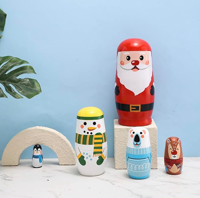 Christmas Cartoon Animals Nesting Dolls Wooden Matryoshka Russian Doll Handmade Stacking Toy Set 5 Pieces for Kids