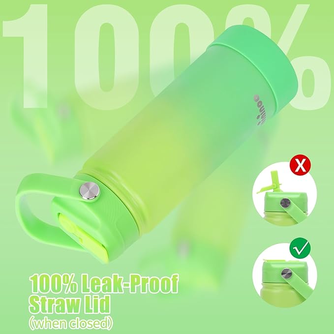 Mininoo Insulated Stainless Steel Kids Water Bottle for School with Straw Lid & Strap, 50 Stickers, 18 oz(Lemon/Green)