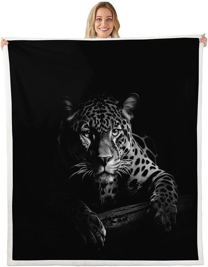 Black Jaguar Sherpa Blanket Wild Animal Fleece Throw Blanket Wildlife Style Plush Blanket for Sofa Couch Bed Bedroom Decor Luxury Black Fuzzy Blanket 40x50 Inch