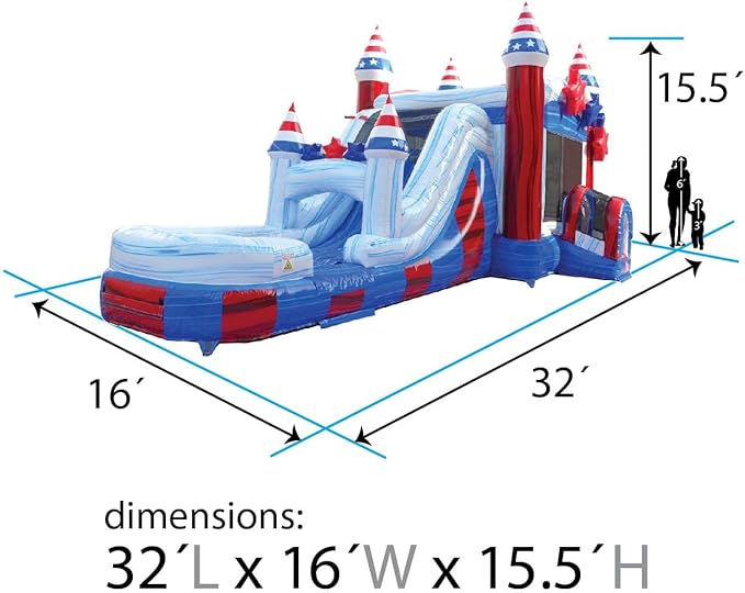 TentandTable Inflatable Bounce House Water Slide for Kids 5-12 Large, Commercial Grade Mega Bouncy Castle for Adults, Jump House, Includes Air Blower, 32' L x 16' W x 15' H, Stars and Stripes