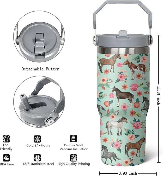 30 oz Horse Flip Straw Tumbler with Handle, Cute Floral Horse Insulated Stainless Tumbler Coffee Cups Water Bottle CoffeeTravel,Horses Gifts for Women Horse Lovers Girls