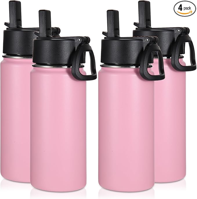 Volhoply 16 OZ Kids Water Bottle Bulk 4 Pack,Insulated Sports Bottles with Straw Lid,Stainless Steel Bottle with Handle Keep Cold & Hot,Double Wall Vacuum Tumbler Cups for School,Girls(Pink, 4)