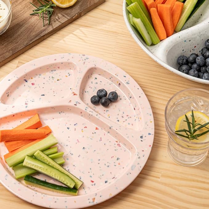 bzyoo 11-Inch Divided Plates Set of 2 - Confetti Pink BPA-Free, 100% Melamine Portion Control Plates with Dividers Unbreakable, Dishwasher Safe for Kids, Camping, BBQ Parties Fun