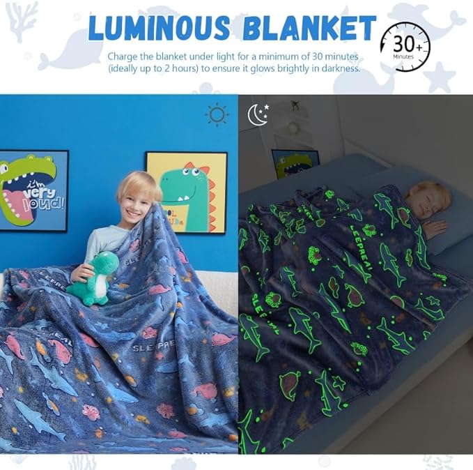 Glow in The Dark Whale Blanket,Ocean Whale Gifts Toys for Boys Girls, Birthday Presents Decor for Kids Age 3-14 Year Old Son Teen Child Toddler Luminous Christmas Bedroom Throw Blanket 50"x60"