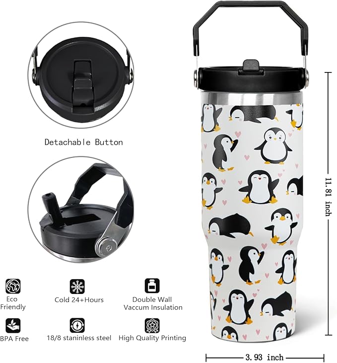 30oz Penguin Flip Tumbler Coffee Travel Mug Cup Water Botter, with Handle lid and Straw,Fall Gifts for Women,Penguin Stuff Decor Accessories