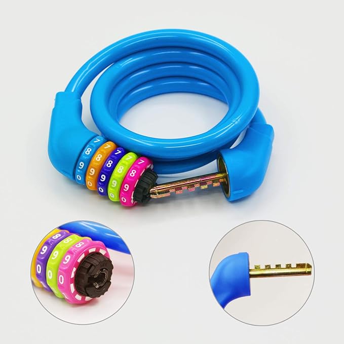 Bike Locks Cable - 4 Feet Resettable Cable Lock - Self Coiling 5 Digit Combination Bicycle Lock (Blue) …
